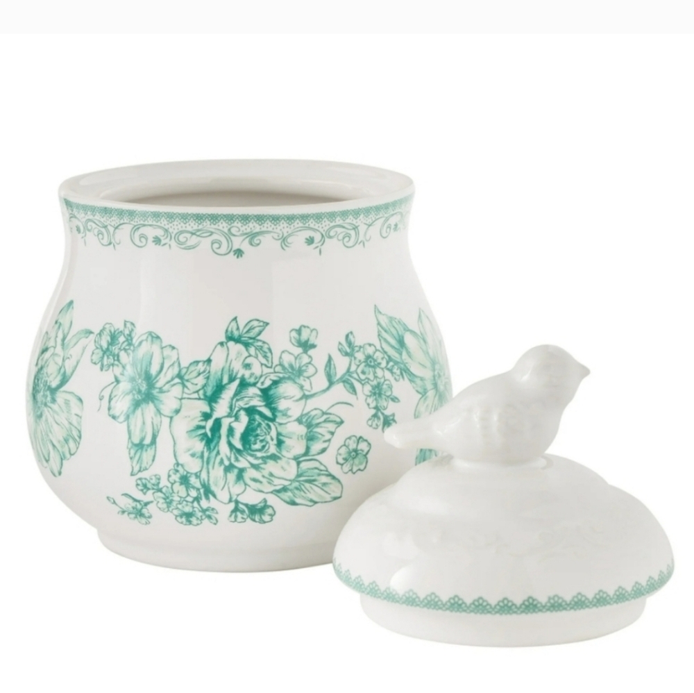 💜 New Pioneer Woman Agatha Green and White Serveware Sugar Bowl With Lid